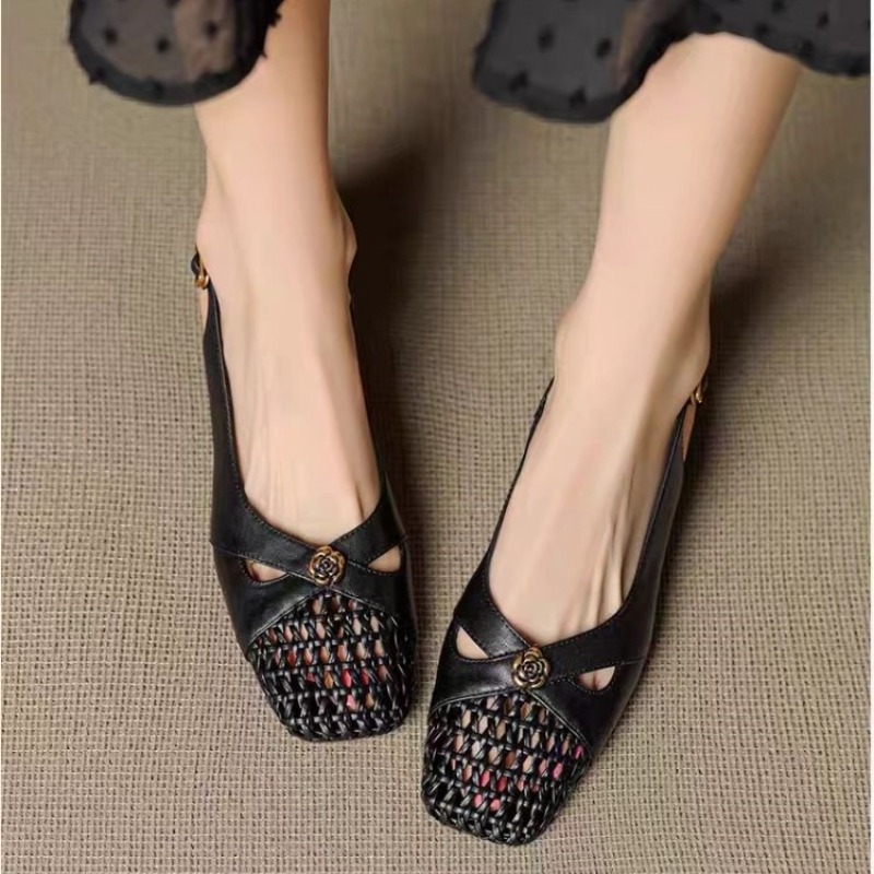 여성용 프렌치 스타일 클로즈드 토 샌들, 청키 힐, 다 - Embroidery Flat Shoes 리뷰 및 가격