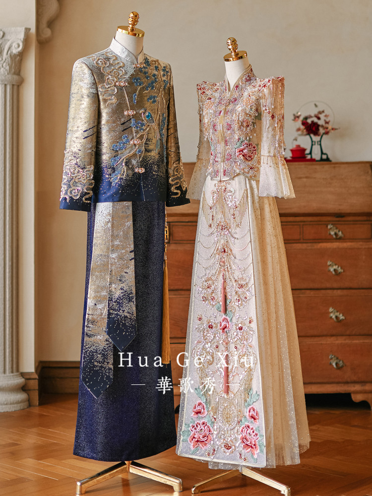 동양풍 전통 커플 웨딩 의상, 화려한 꽃 자수와 비즈  - Embroidery Set 리뷰 및 가격