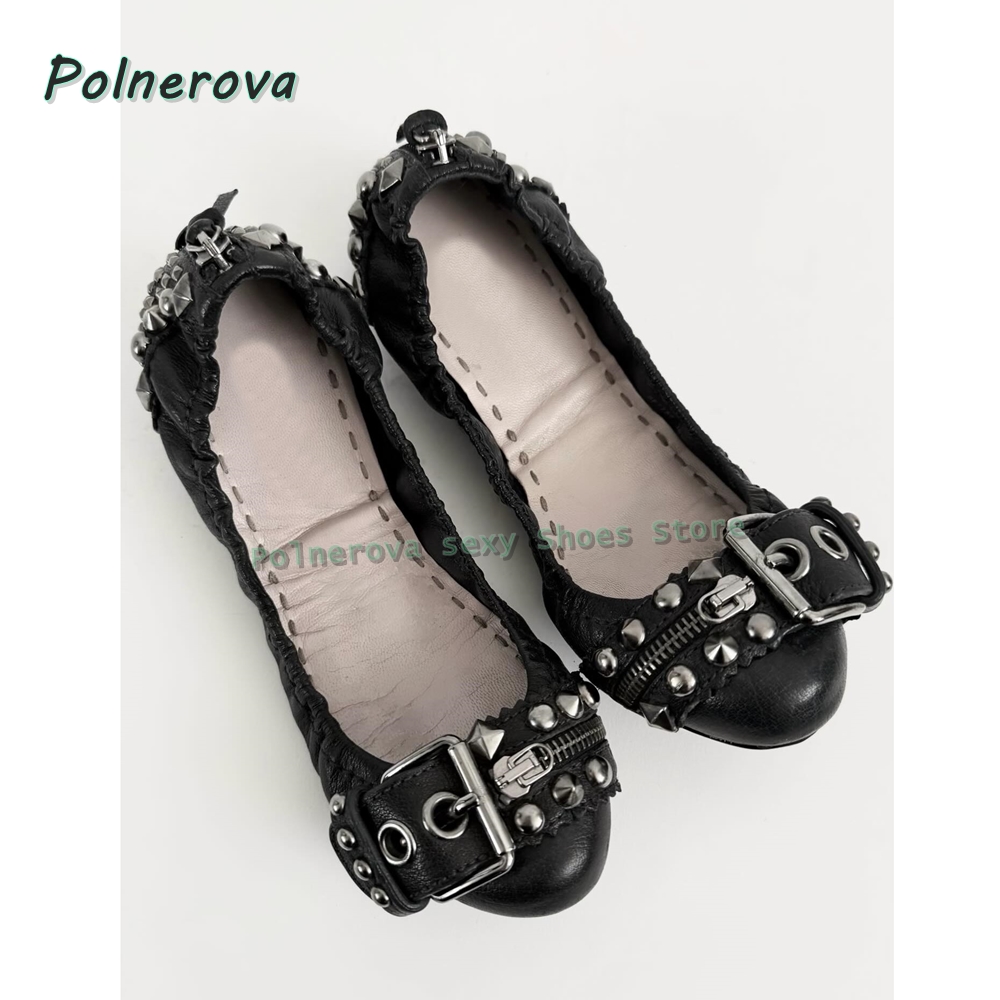 리벳 벨트 버클 메리 제인 슈즈 포인티드 토 플랫 얕은 - Embroidery Flat Shoes 리뷰 및 가격