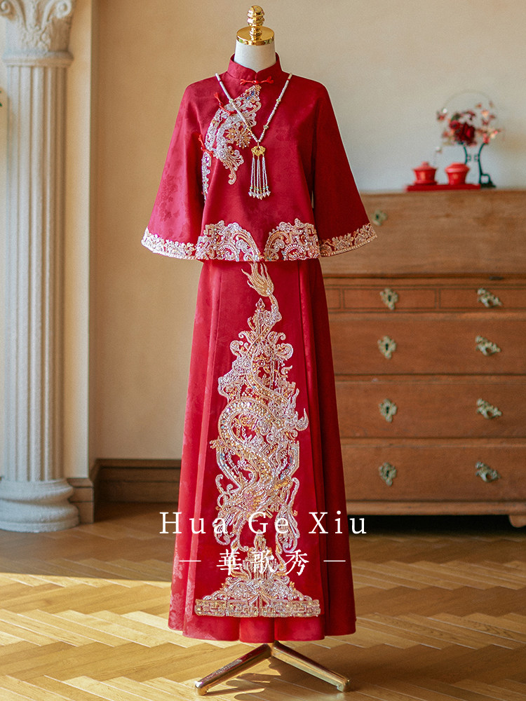 붉은색 중국 전통 스타일의 쉬허 웨딩드레스, 화려한 라 - Embroidery Red 리뷰 및 가격